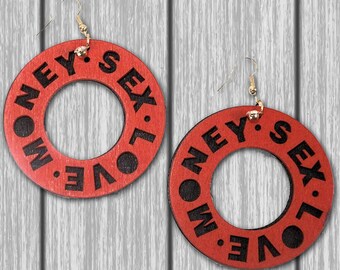 Red, Blue, Green or Black Wood Cut Hoop Earrings - Large 2 1/2 inch Hoops - 2 connected wood hoops, Color words cut in front & Blank in back