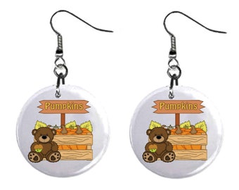 Fall Teddy Bear Pumpkins Autumn Thanksgiving Jewelry Metal Button Novelty Earrings 1 inch diameter MADE in USA