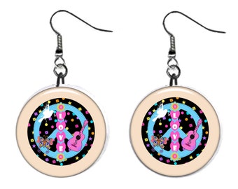 Peace Love Rock and Roll Guitar Pink Jewelry Metal Button Novelty Earrings 1 inch diameter MADE in USA