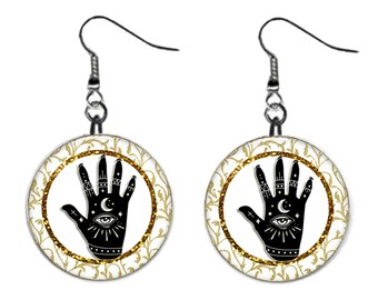 Celestial Hansa Hand Moon, Sun, Stars, Jewelry Metal Button Novelty Earrings 1 inch diameter MADE in USA