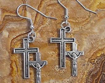Double Cross with Christ Charm Dangling Pierced Earrings - Silvertone Alloy 1.25 inch