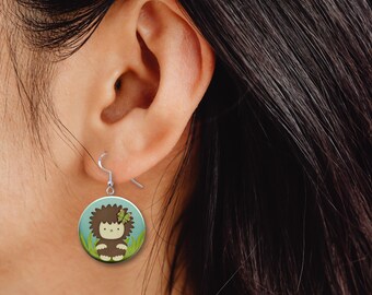 Cute Hedgehog Cartoon Jewelry Metal Button Novelty Earrings 1 inch diameter MADE in USA