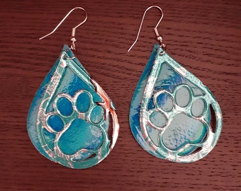 Earrings Blue Aluminum Can & Blue Faux Leather, Dog Paw Paw print, Dangle LIGHTWEIGHT Aluminum Jewelry 2 inch long