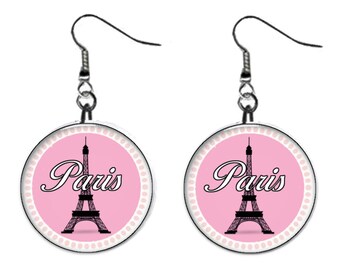 Pink Paris Eiffel Tower French France Jewelry Metal Button Novelty Earrings 1 inch diameter MADE in USA