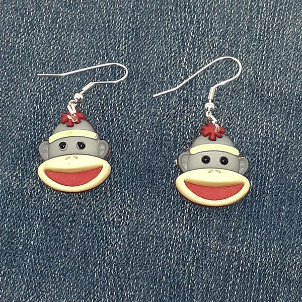 Sock Monkey Plastic Charm Fun Fashion Dangle Earrings 1 inch