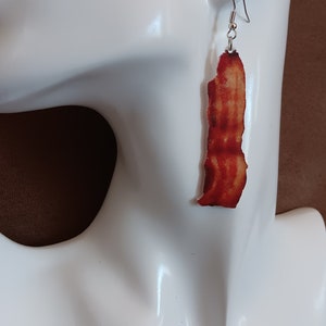 Long Bacon Slices Plastic Earrings Jewelry  1 side Print White Back  -  Plastic Charms  2 1/4 inch long - Diner, Waitress, Restaurant