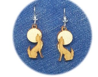 Howling Coyote Southwestern Wood Laser Cut Lightweight Carved Dangle Pierced Earrings  Appx 1 inch long