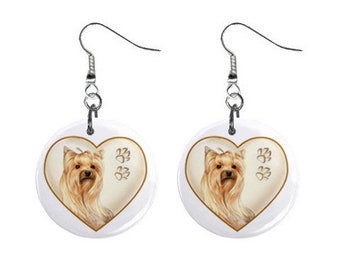 Yorkie in a Heart Dog Pet Jewelry Metal Button Novelty Earrings 1 inch diameter MADE in USA