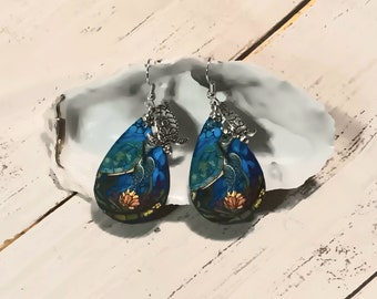 Sea Turtle, Under the Sea Teardrop Shape Dangle Earrings with Metal Sea Turtle Charm -  1 1/2 inch long Jewelry