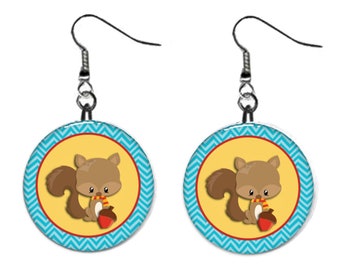 Cute Squirrel Woodland Jewelry Metal Button Novelty Earrings 1 inch diameter MADE in USA