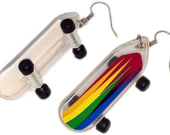 Skateboard Earrings Rainbow Design - Plastic 2 inch long