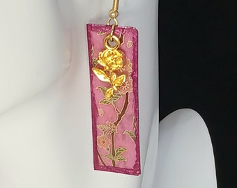 Purple Flowers with Gold Rose Charm Earrings, Lightweight, Coated Card, Metallic Purple Color Painted Edge -   2 in. Long