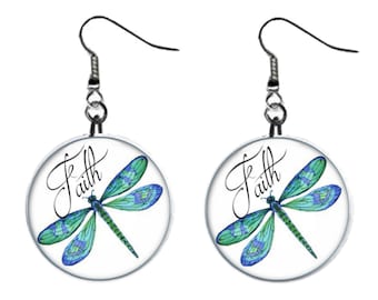 Blue Dragonfly Faith Jewelry Metal Button Novelty Earrings 1 inch diameter MADE in USA