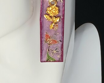 Purple Butterfly & Flower with Gold Rose Charm Earrings, Lightweight, Coated Card, Metallic Purple Color Painted Edge -   2 in. Long
