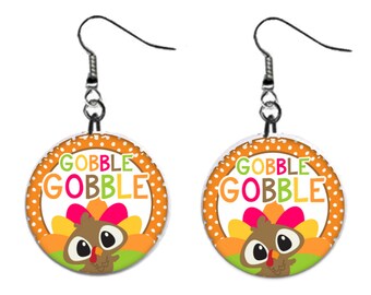 Turkey Gobble Gobble Happy Thanksgiving Jewelry Metal Button Novelty Earrings 1 inch diameter MADE in USA