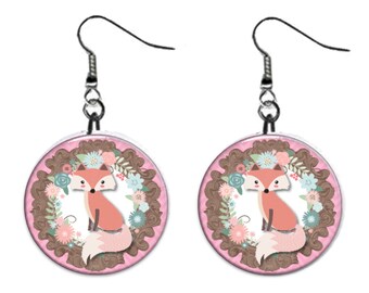 Cute Fox Jewelry Metal Button Novelty Earrings 1 inch diameter MADE in USA