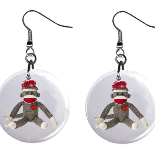 Sock Monkey Jewelry Metal Button Novelty Earrings 1 inch diameter MADE in USA