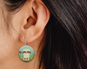 Cute Raccoon Cartoon Jewelry Metal Button Novelty Earrings 1 inch diameter MADE in USA