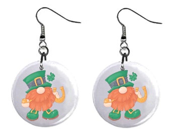 St. Patricks Day Shamrock Clover Gnome Lucky Jewelry Metal Button Novelty Earrings 1 inch diameter MADE in USA