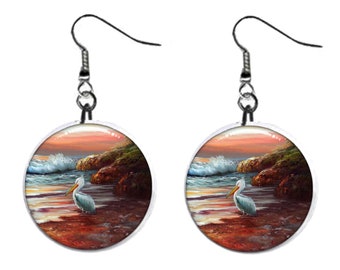 Tropical Beach with Pelican Ocean Summer  Jewelry Metal Button Novelty Earrings 1 inch diameter MADE in USA