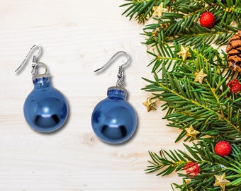 Boucles d'oreilles pendantes boules de Noël en verre bleu des fêtes, 1 pouce