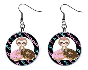 Cute Sloth with Donuts Cartoon Jewelry Metal Button Novelty Earrings 1 inch diameter MADE in USA