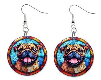 Pug Dog Stained Glass Printed Design Pet Jewelry Metal Button Novelty Earrings 1 inch diameter MADE in USA