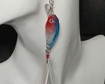 Blue & Red Fishing Lures Fisherman Earrings, 3 inch long to end of Feathers, Good Luck Charms, Lightweight, Plastic Resin