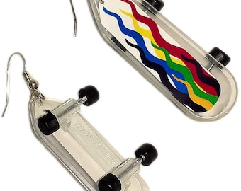 Skateboard Earrings Rainbow Wavy Design - Plastic 2 inch long