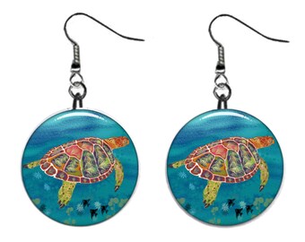 Sea Turtle Art Jewelry Metal Button Novelty Earrings 1 inch diameter MADE in USA Tortoise, Beach, Ocean