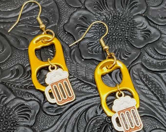 Gold Color Beer Tab with Beer Mug Charm Earrings Jewelry, Waitress, Bartender, Liquor Store Clerks Gift
