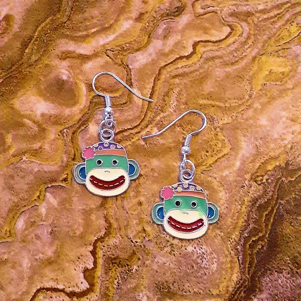 Sock Monkey Face Charm Enamel Coated Metal Earrings Green Face 1 inch