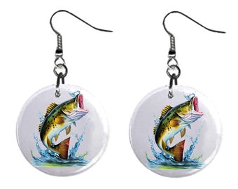 Fish, Fishing - Jewelry Metal Button Novelty Earrings 1 inch diameter MADE in USA