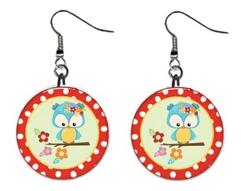 Cute Blue Bird Woodland Jewelry Metal Button Novelty Earrings 1 inch diameter MADE in USA