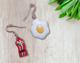 Bacon and Eggs Rubber Plastic Charm Earrings 1 inch after hook - Funny Googly Eyes and Mustache - Waitress - Diner - Restaurant