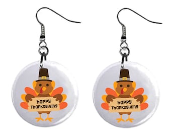 Turkey Pilgrim Happy Thanksgiving Jewelry Metal Button Novelty Earrings 1 inch diameter MADE in USA