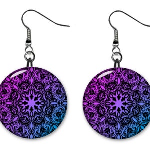 Purple and Blue Mandala Abstract Jewelry Metal Button Novelty Earrings 1 inch diameter MADE in USA