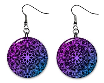 Purple and Blue Mandala Abstract Jewelry Metal Button Novelty Earrings 1 inch diameter MADE in USA