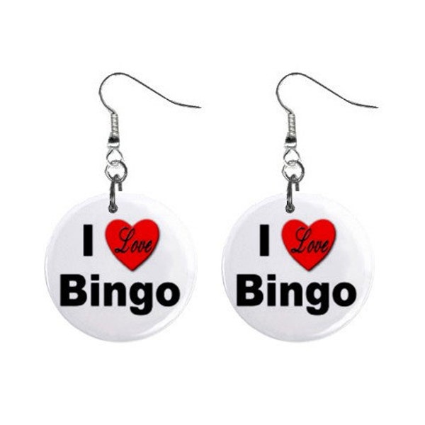 I Love Bingo Game Jewelry Metal Button Novelty Earrings 1 inch diameter MADE in USA