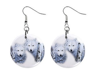White Wolves Jewelry Metal Button Novelty Earrings 1 inch diameter MADE in USA