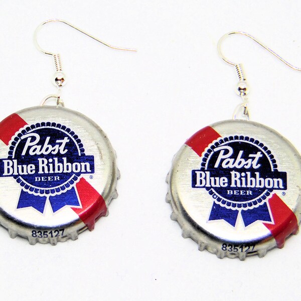 UPCYCLED Pabst Blue Ribbon Beer Real Bottle Cap Earrings Jewelry