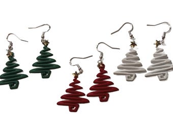 Holiday Dangle Earrings, Plastic Christmas Tree,  Metal Fishhook Ear Wires, choose from Green, Red or White