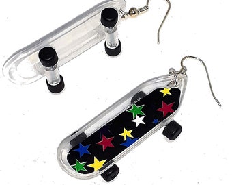 Skateboard Earrings Rainbow Stars Design - Plastic 2 inch long