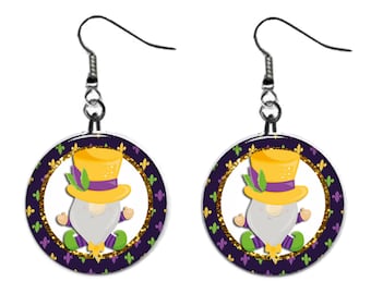 Mardi Gras Gnome Party Fat Tuesday Jewelry Metal Button Novelty Earrings 1 inch diameter MADE in USA