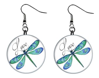 Blue Dragonfly Love Jewelry Metal Button Novelty Earrings 1 inch diameter MADE in USA