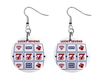 Lucky 7 Slot Machine Gambling Game Jewelry Metal Button Novelty Earrings 1 inch diameter MADE in USA