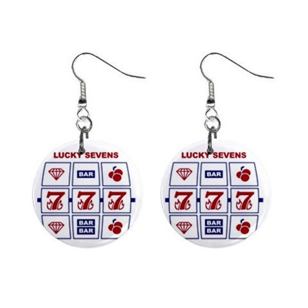 Lucky 7 Slot Machine Gambling Game Jewelry Metal Button Novelty Earrings 1 inch diameter MADE in USA