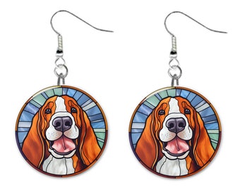 Basset Hound Dog Stained Glass Printed Design Pet Jewelry Metal Button Novelty Earrings 1 inch diameter MADE in USA