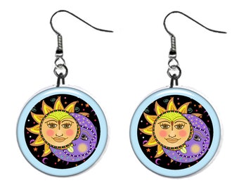 Sun & Moon Art Jewelry Metal Button Novelty Earrings 1 inch diameter MADE in USA Unity, Yin Yang