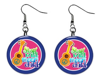 Retro Hippy Guitar Jewelry Metal Button Novelty Earrings 1 inch diameter MADE in USA